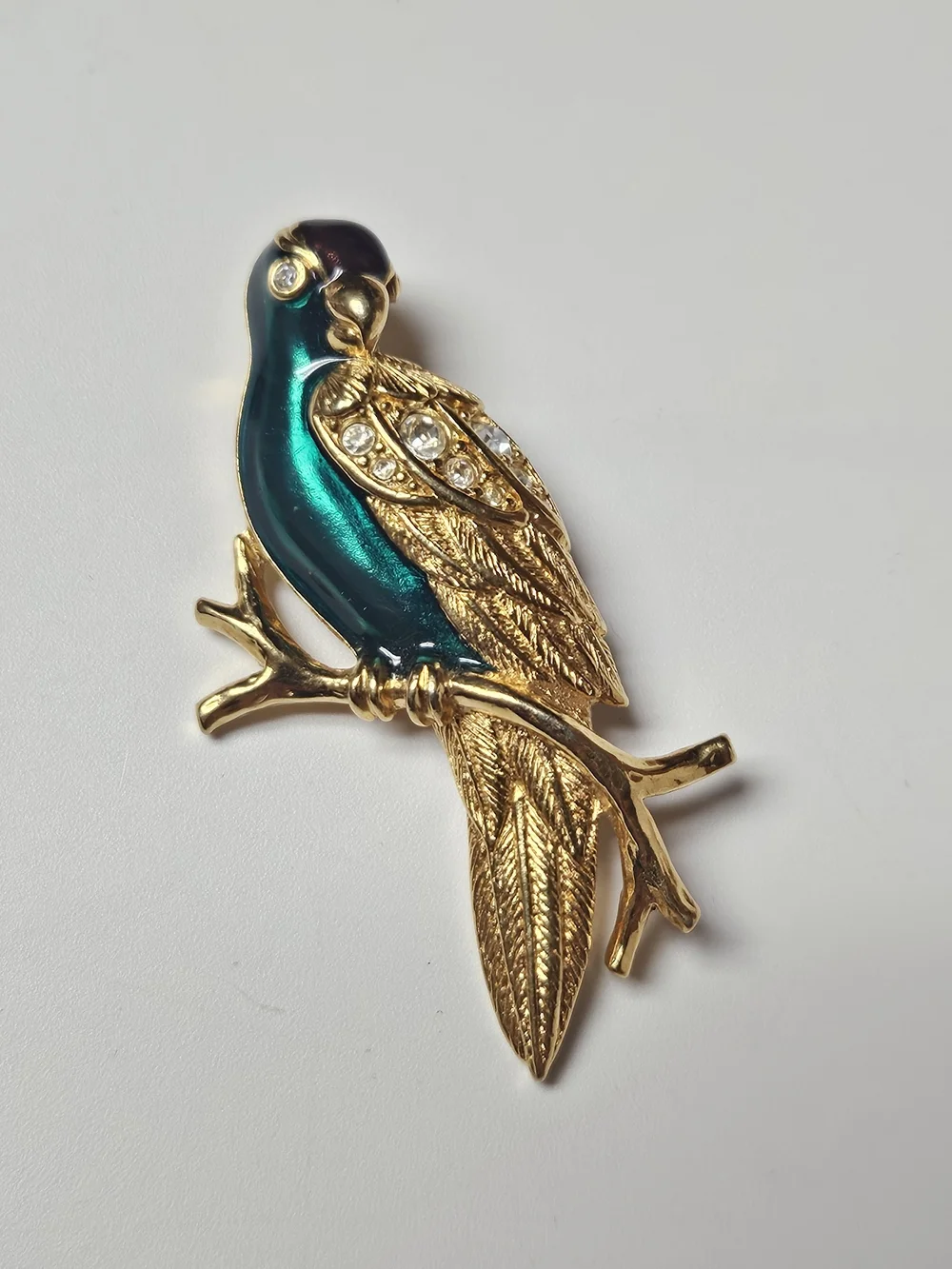 Avon Gold-Tone Parrot Brooch with Iridescent Teal Enamel and Crystals